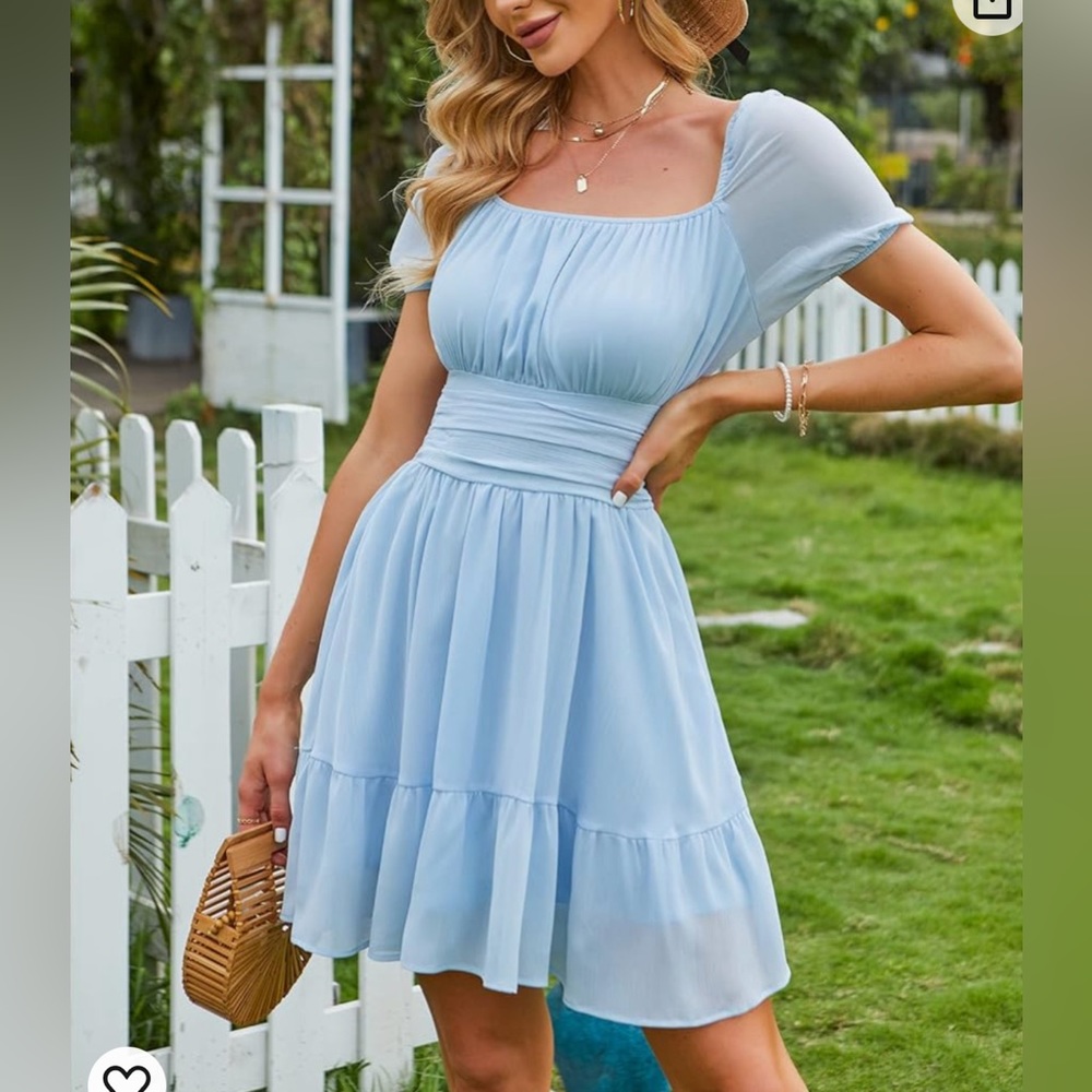 Women's Summer Short Puff Sleeve Mini Dress with Tie Back